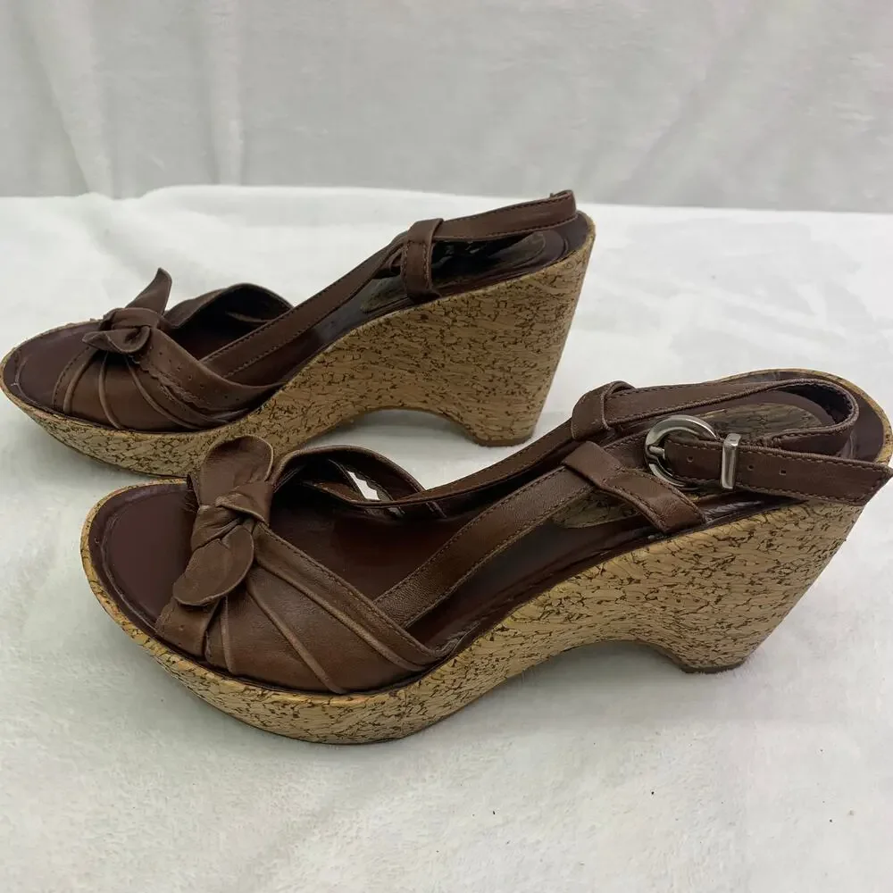Firecracker Womens Sz 6 Leather Wedge Platform Sandals Heels Brown Bow Slingback